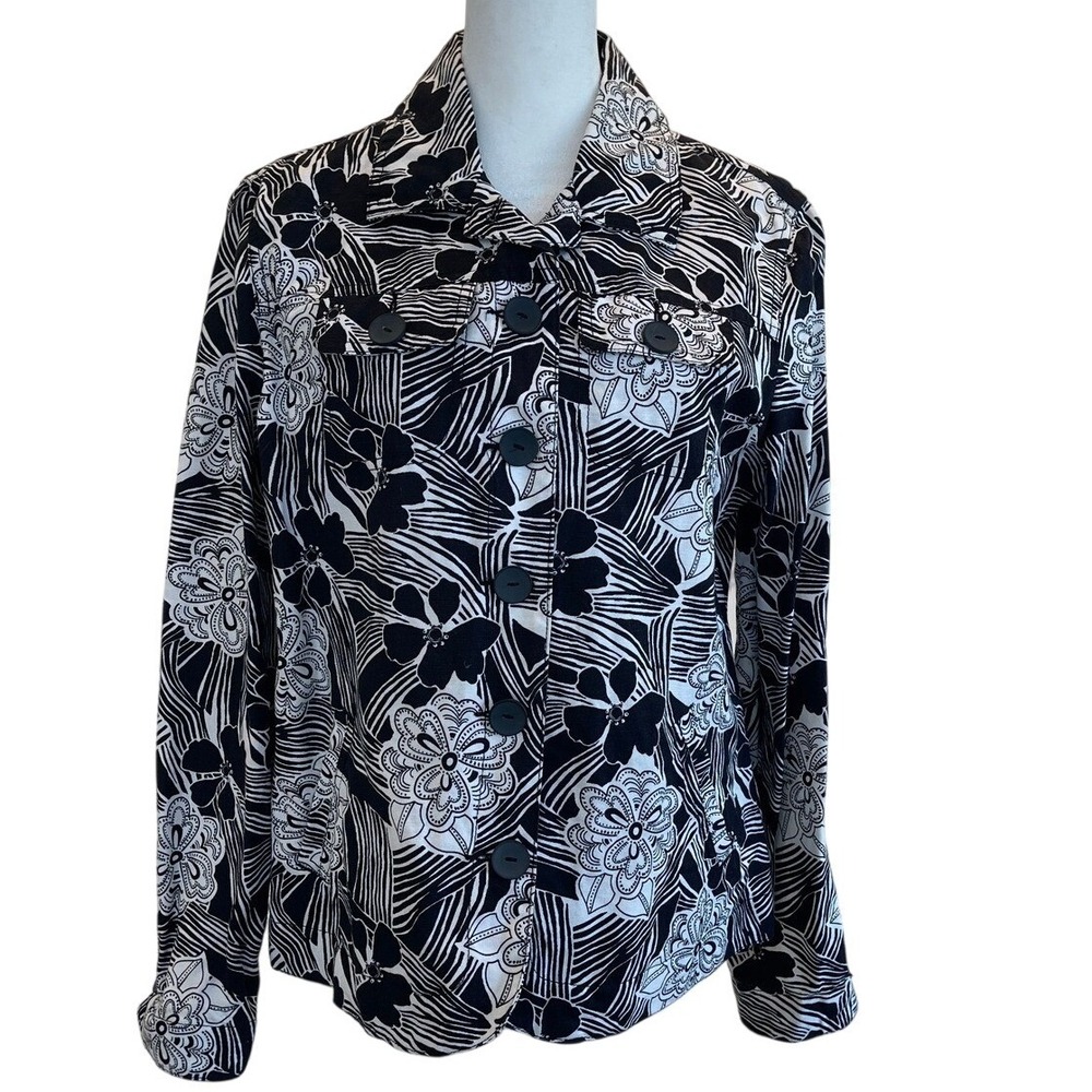 Linen Blend Black White Floral Button Front Jacket Lightweight Blazer